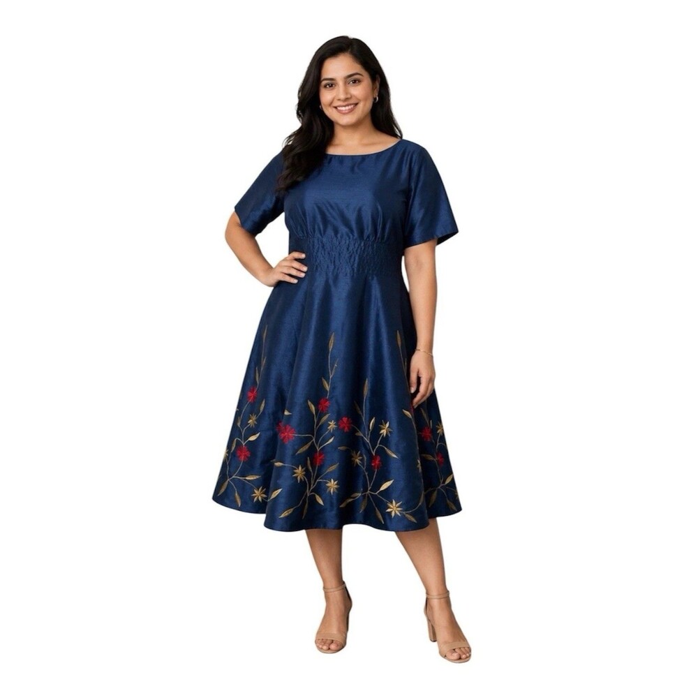 Wayward Fancies Eshakti Dress Size L 12 Blue Floral Embroidered Midi Fit & Flare